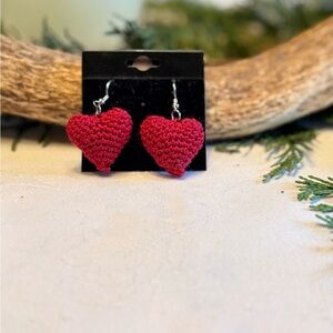 Handmade Crochet Heart Earrings-Red